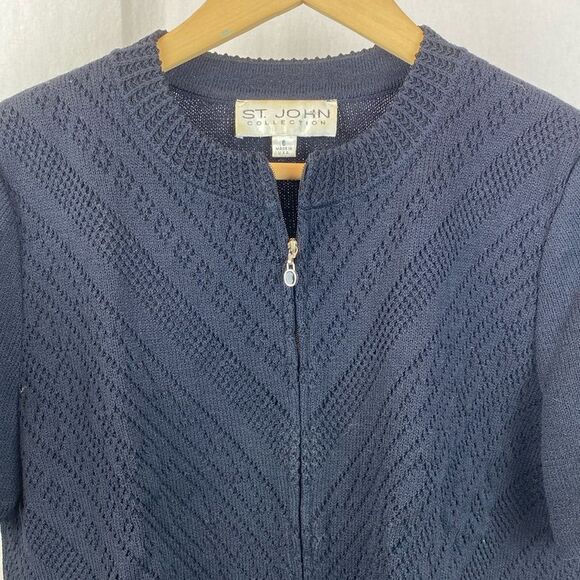 St John Black Santana Knit Short Sleeve Zip Sweater Top 6 - Picture 4 of 7